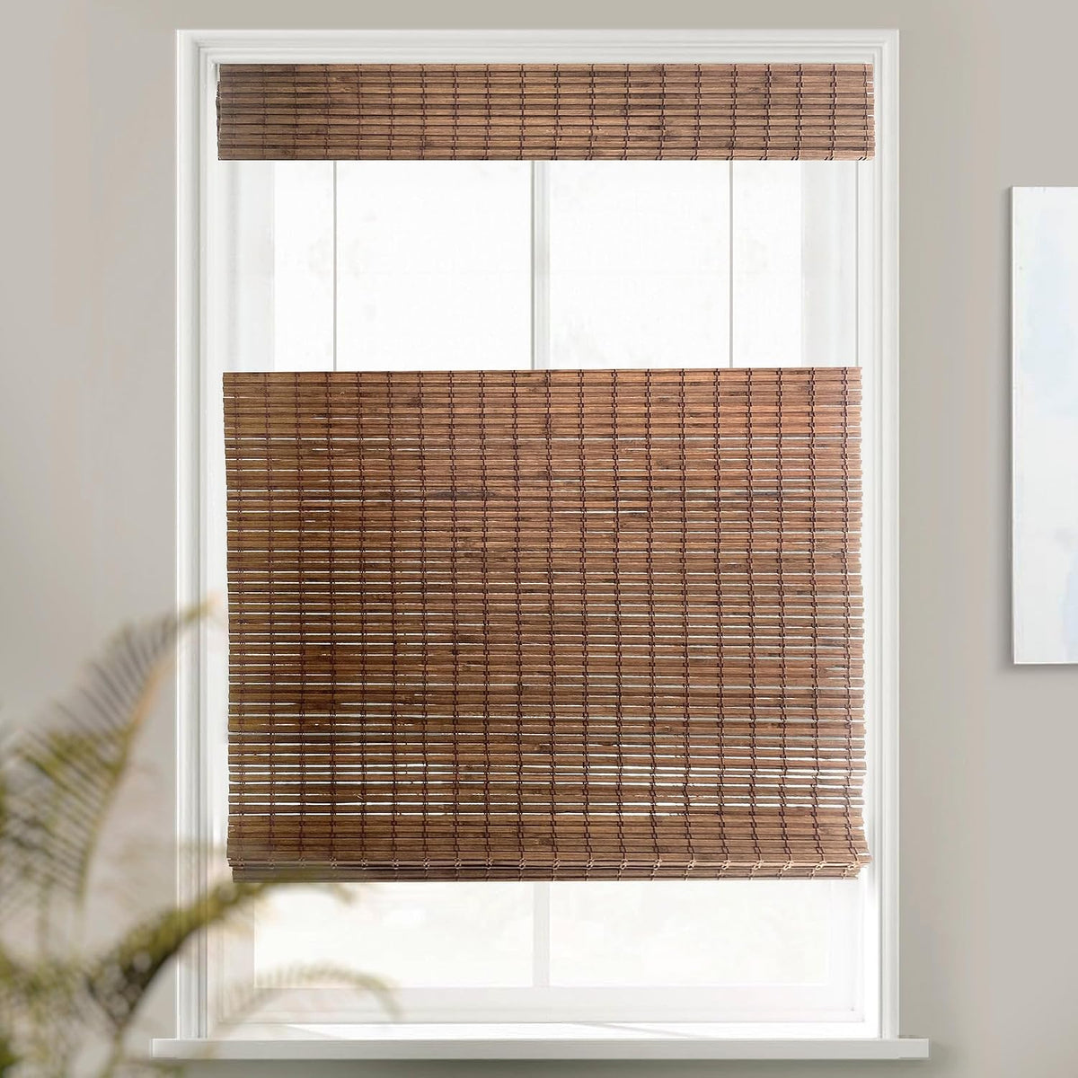 Custom Bamboo Shades | Rustic | Top Down Bottom Up Cordless | Bamboo Roman Shades for Windows and Doors (Natural Woven) | Rustic Walnut (Great Privacy) | 52.5" W x 60" H