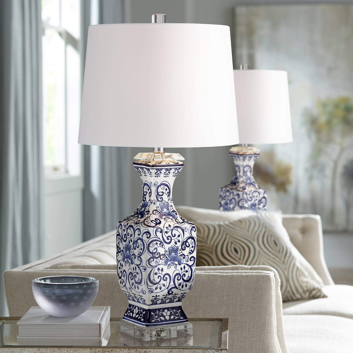 28" Tall Table Lamps Set of 2 Blue White Porcelain Jar Traditional - image 2