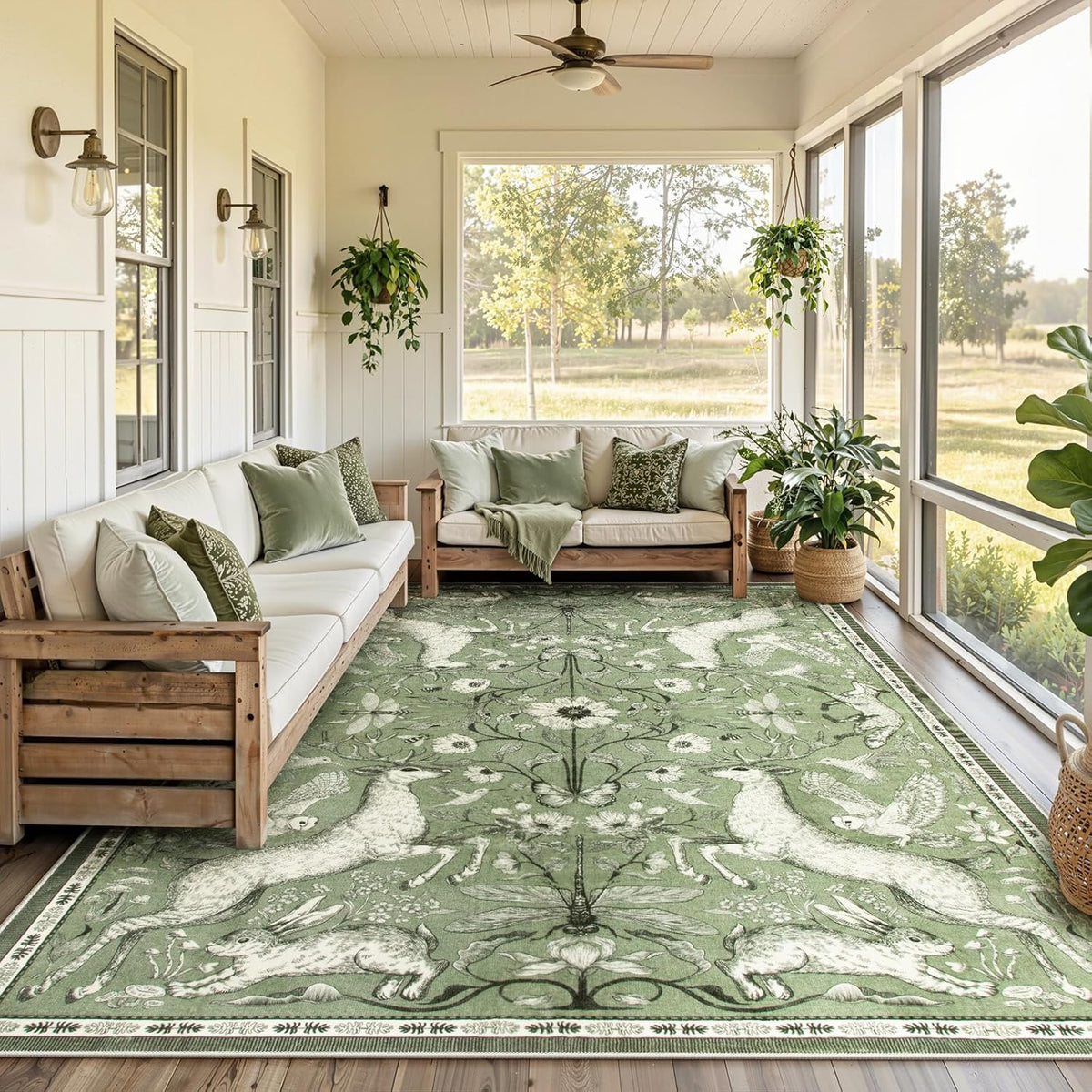 8x10 Washable Area Rug for Living Room, Woodland Deer Boho Animal Rug, Vintage Botanical Green Non-Slip Low Pile Large Carpet for Bedroom Dining Room Nursery Farmhouse Decor - image 3