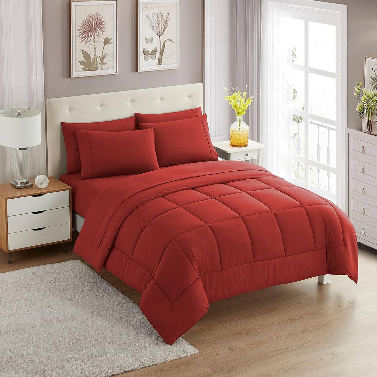 7 Piece Comforter Set Bag Solid Color All Season Soft Down Alternative Blanket & Luxurious Microfiber Bed Sheets, Red, Twin (Pack of 4, 28 Count Total)
