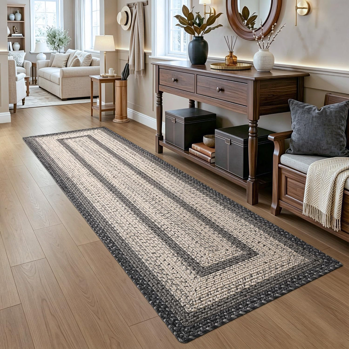 Hallway Runner Rug 3x10, Braided Farmhouse Rug Runners, Black/Ivory - image 3