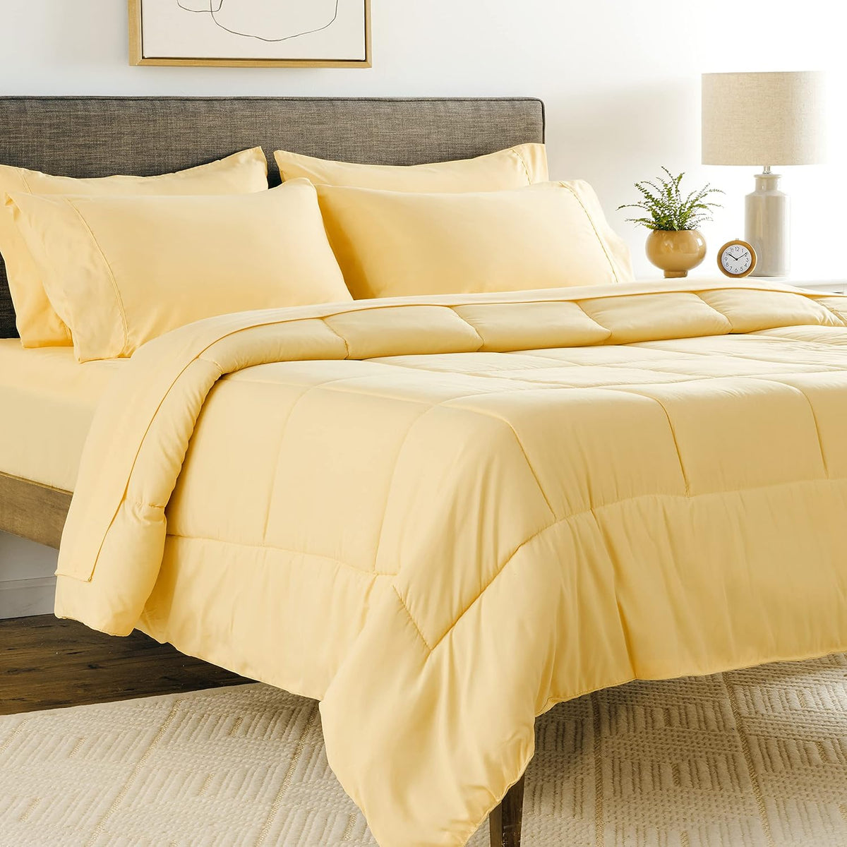 7 Piece Comforter Set Bag Solid Color All Season Soft Down Alternative Blanket & Luxurious Microfiber Bed Sheets, Yellow, Queen (Pack of 4) - image 7
