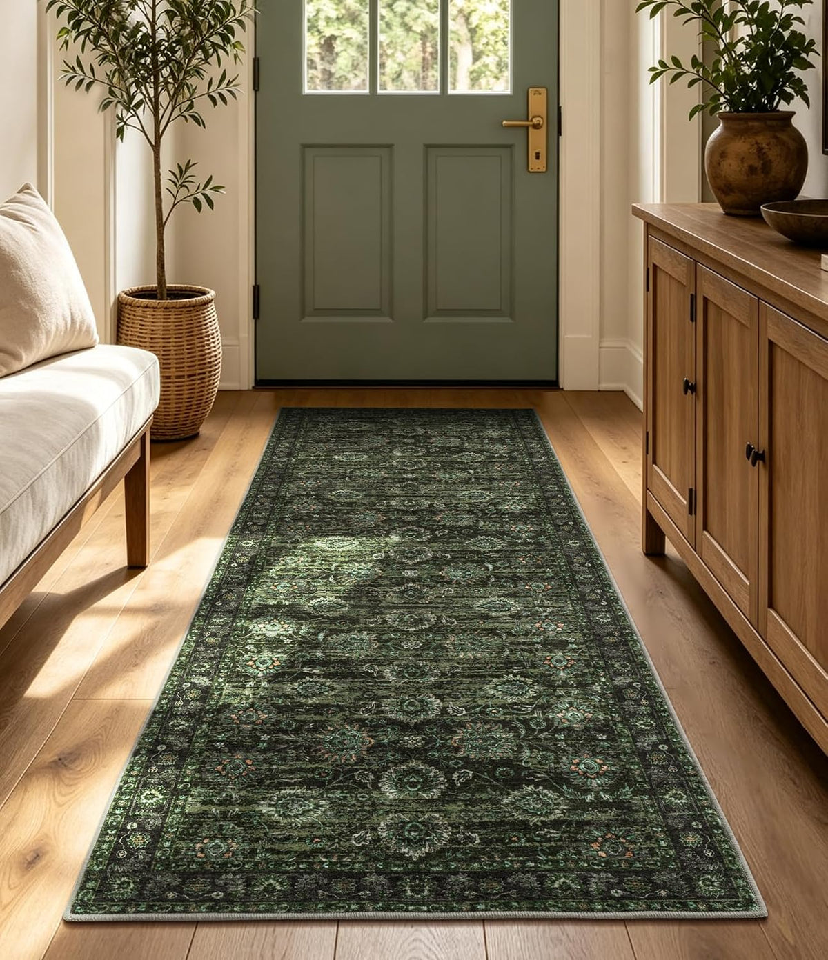 Washable Olive Green 8x10 Area Rugs for Living Room, Dark Vintage Rug for Bedroom Non Slip Distressed, Large Soft Boho Floral Carpet for Playroom Dining Room Home Office Decor - image 11