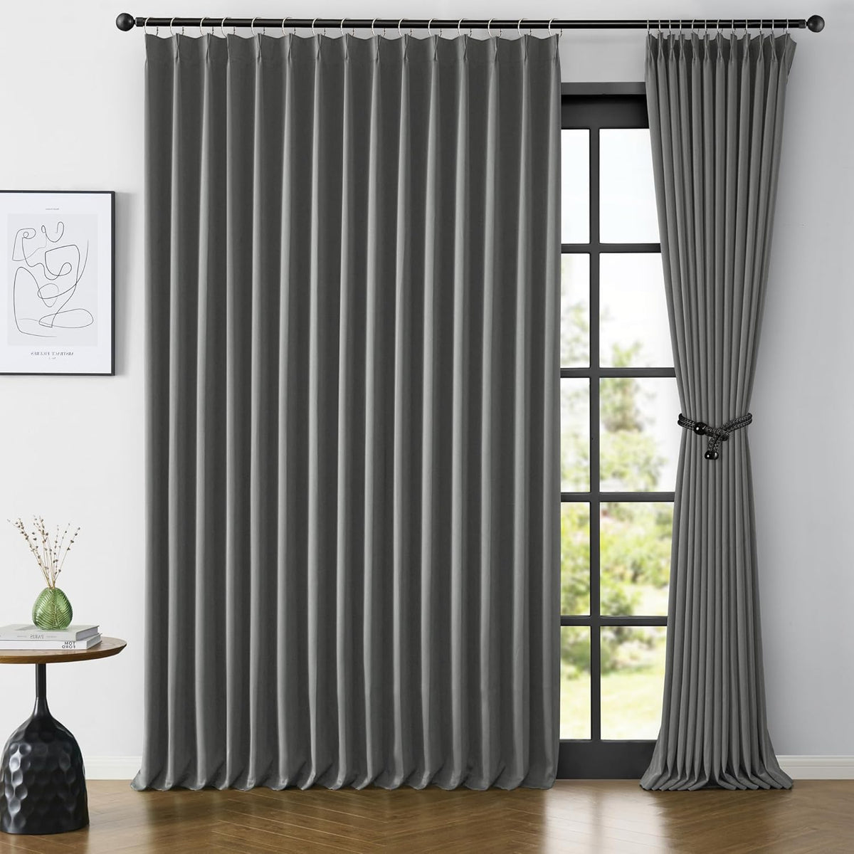 Extra Wide Blackout Curtains 102 Inches Long, Pinch Pleated Curtain for Sliding Door/French Door Room Divider Panels for Living Room 100 Inch Width 100x102 Grey