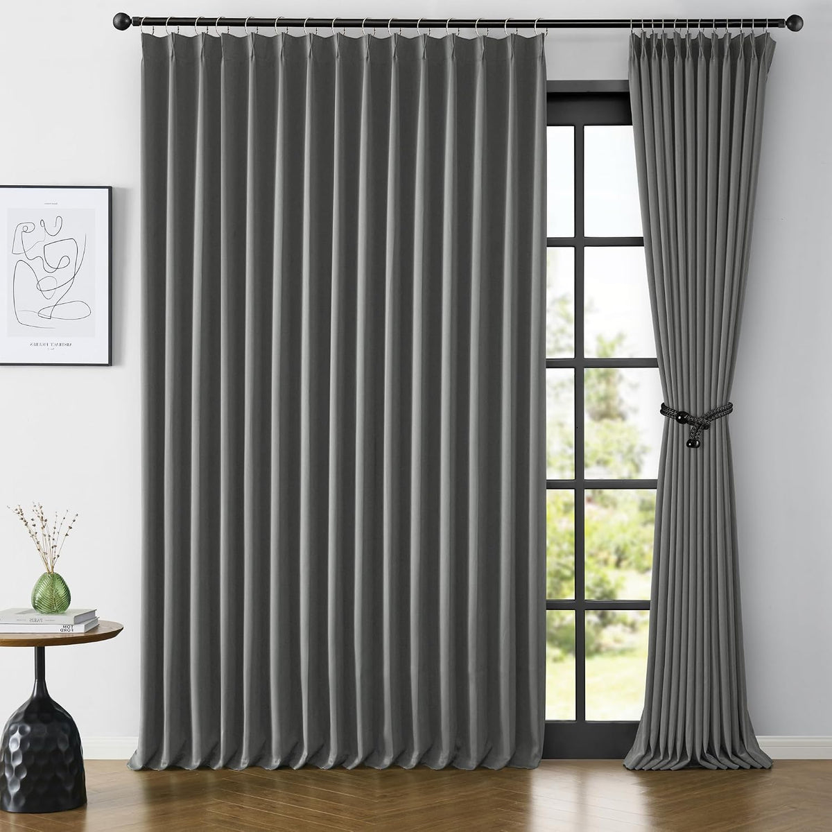 Extra Wide Blackout Curtains 102 Inches Long, Pinch Pleated Curtain for Sliding Door/French Door Room Divider Panels for Living Room 100 Inch Width 100x102 Grey