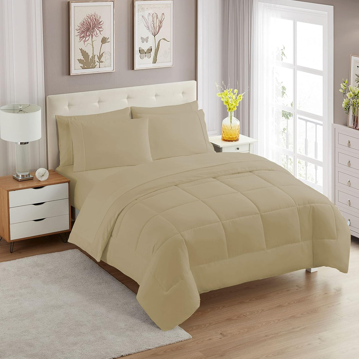 7 Piece Comforter Set Bag Solid Color All Season Soft Down Alternative Blanket & Luxurious Microfiber Bed Sheets, Taupe, King (Pack of 3)