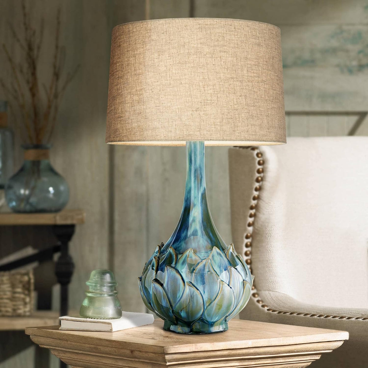 29 1/2" Tall Table Lamps Set of 2 Blue Green Ceramic Coastal Modern - image 6