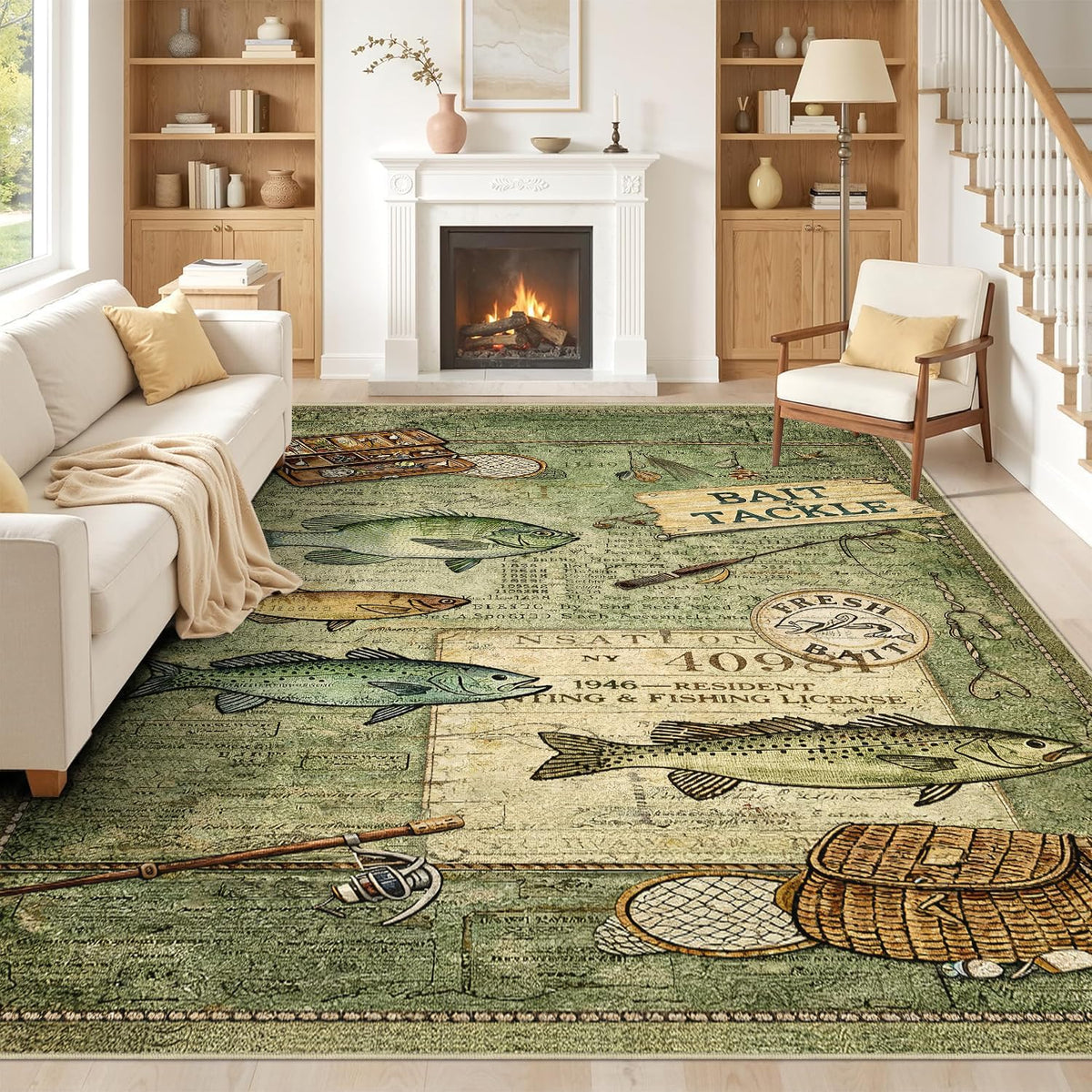 Rugs 8x10 Rustic Cabin Area Rugs for Living Room Bedroom, Washable Low Pile Non-Slip Rubber Backing, Vintage Style Carpet Green - image 2