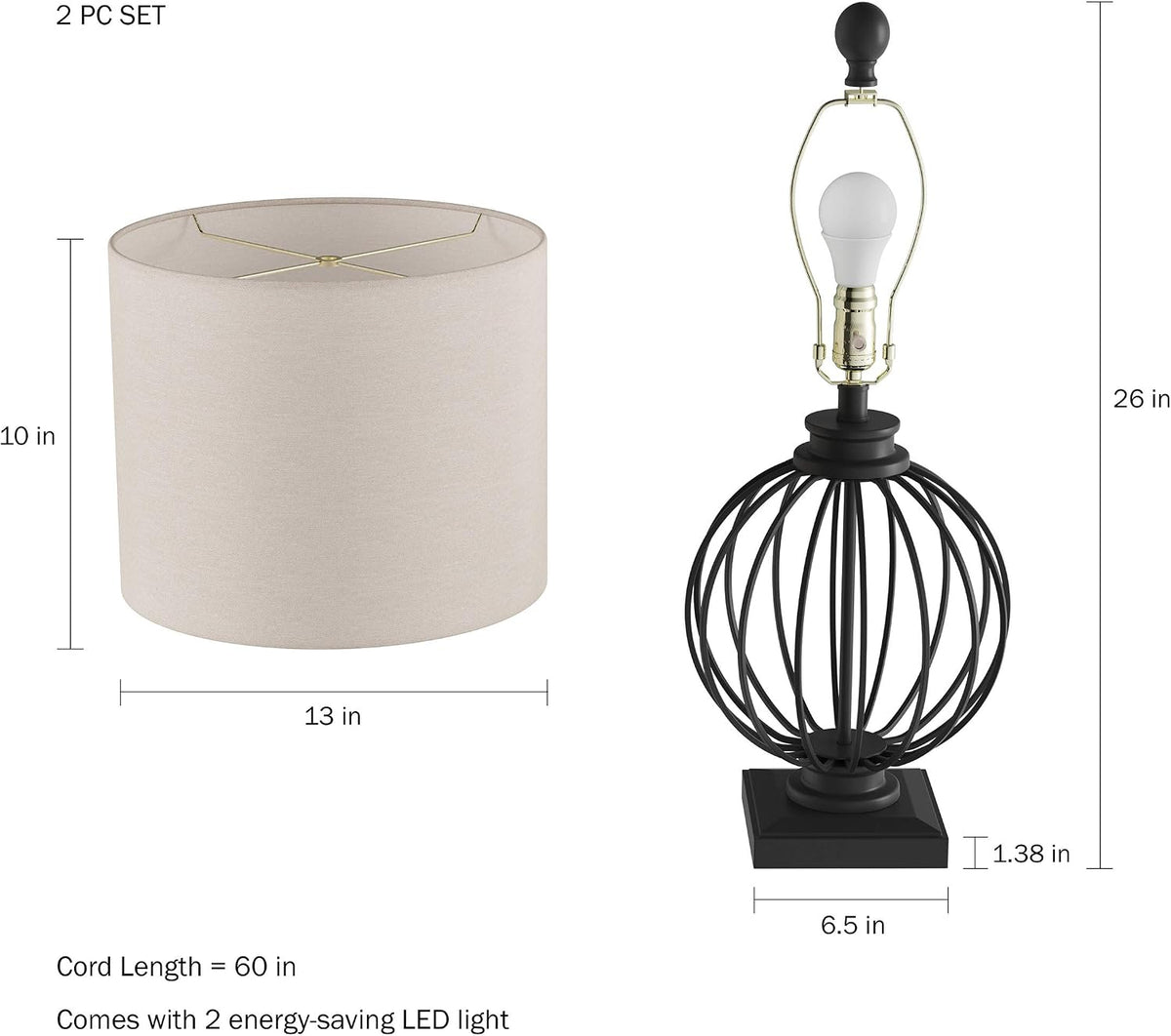Modern Table Lamps, Black, Set of 2, 13” x 26” - image 3