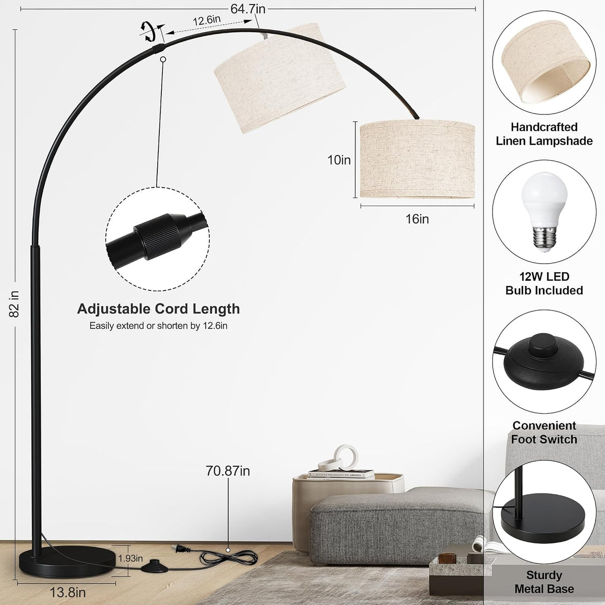 82" Tall Arc Floor Lamp for Living Room, Large Standing Arched Lamp - image 7