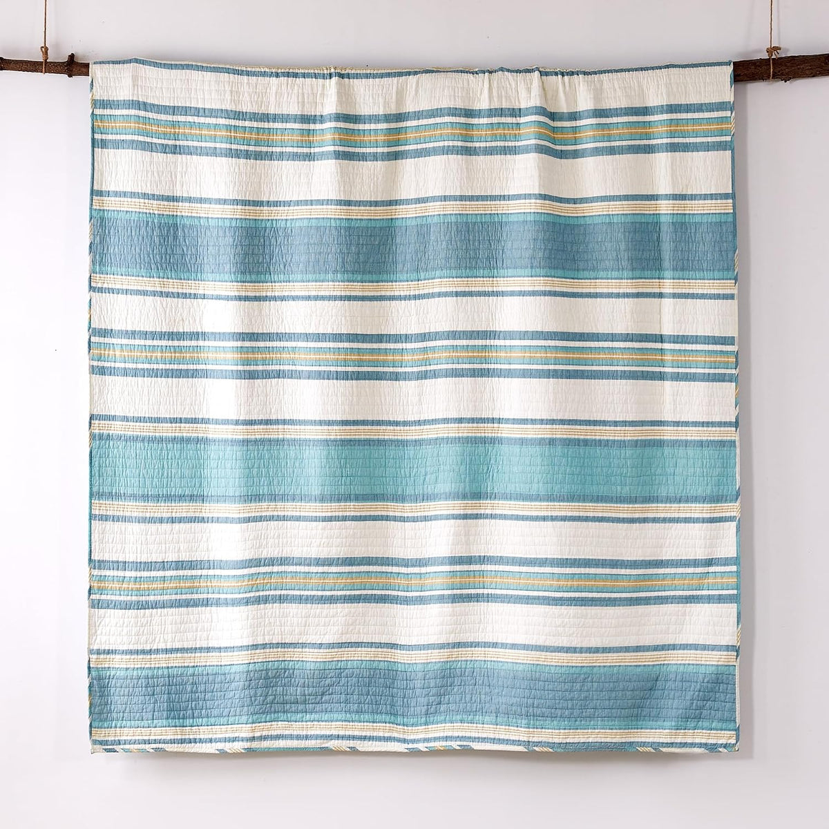 Blue Maui Quilt Set, King/Cal King Quilt + Two King Pillow Shams, Striped Coastal Design In Light Blue, Cream and Tan, Quilt Size (106 x 92), Pillow Sham Size (36 x 20), Reversible, Cotton - image 4