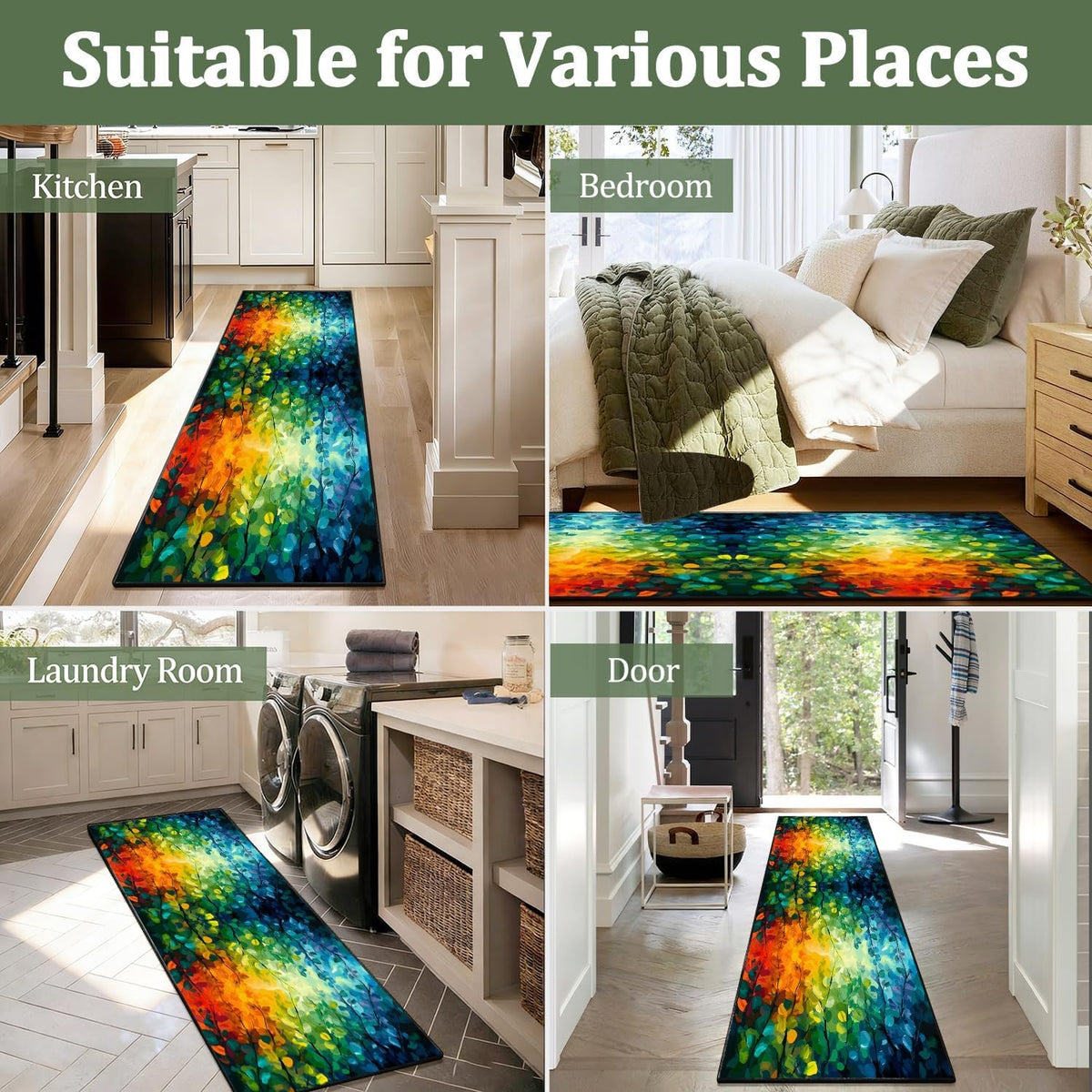Colorful Leaf Branch Runner Rugs for Hallway, 3.3x10ft, Colorful Botanical Printed Pattern Entrance Carpets, Machine Washable Fade Resistant Home Decor Mats for Bedroom - image 7