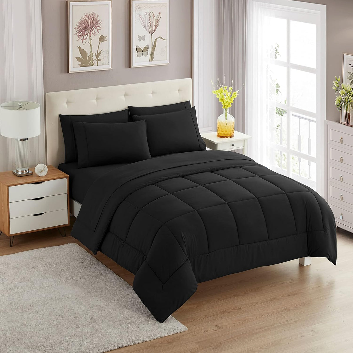 7 Piece Comforter Set Bag Solid Color All Season Soft Down Alternative Blanket & Luxurious Microfiber Bed Sheets, Black, King (Pack of 3)