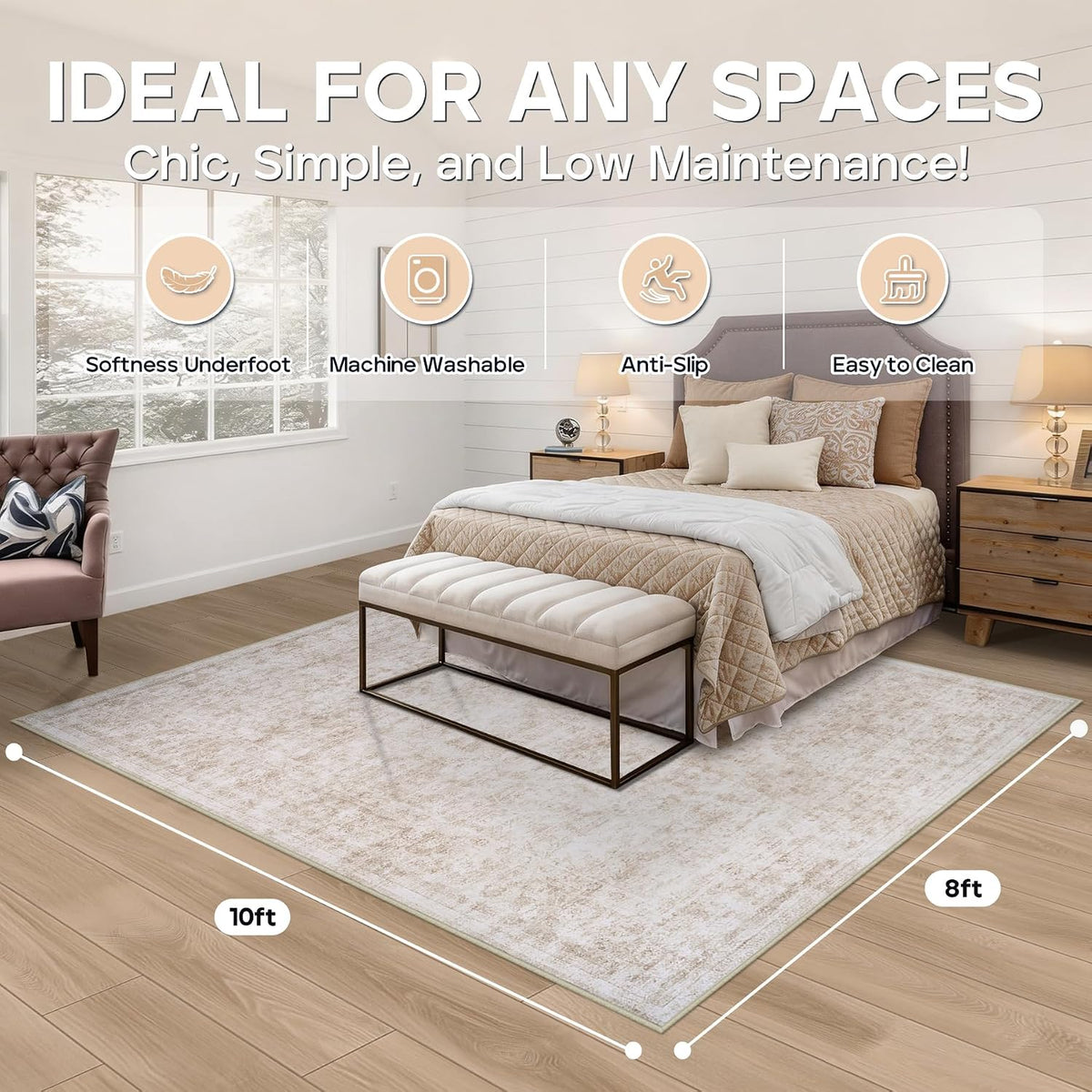 8x10 Area Rugs for Living Room Bedroom Dining Room Washable Beige White - image 2