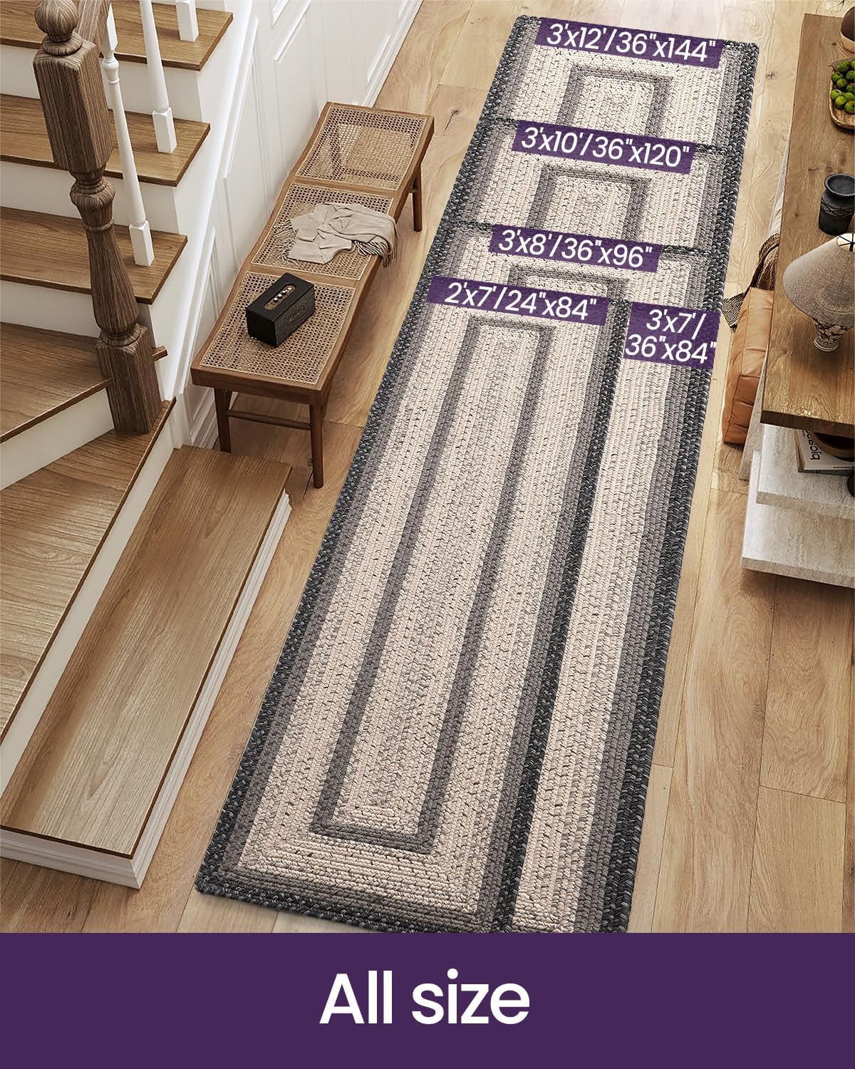 Hallway Runner Rug 3x10, Braided Farmhouse Rug Runners, Black/Ivory - image 6