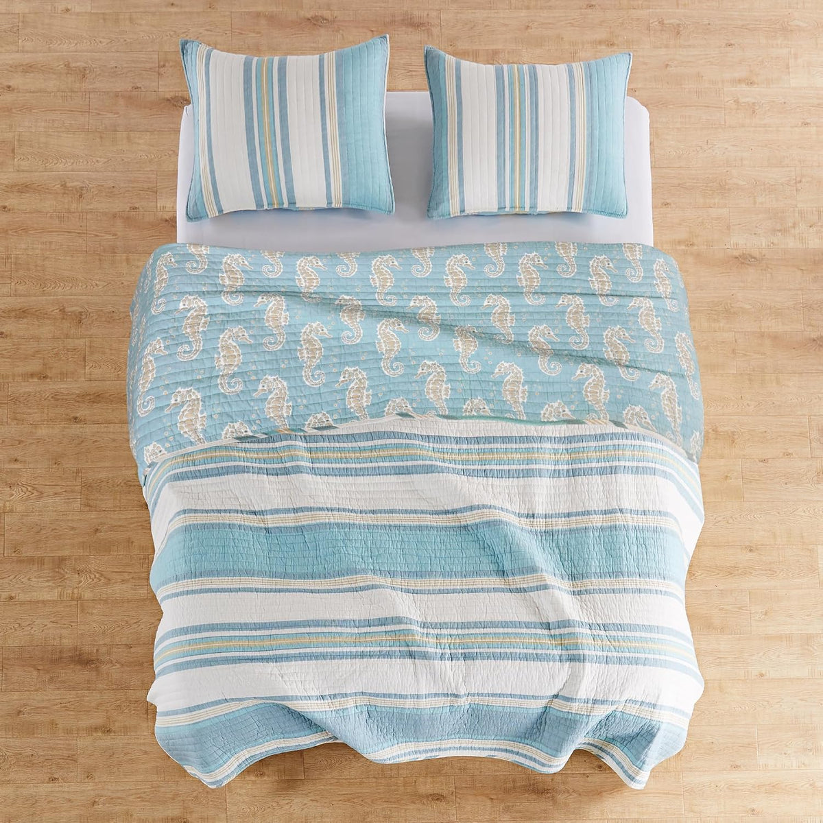 Blue Maui Quilt Set, King/Cal King Quilt + Two King Pillow Shams, Striped Coastal Design In Light Blue, Cream and Tan, Quilt Size (106 x 92), Pillow Sham Size (36 x 20), Reversible, Cotton - image 2