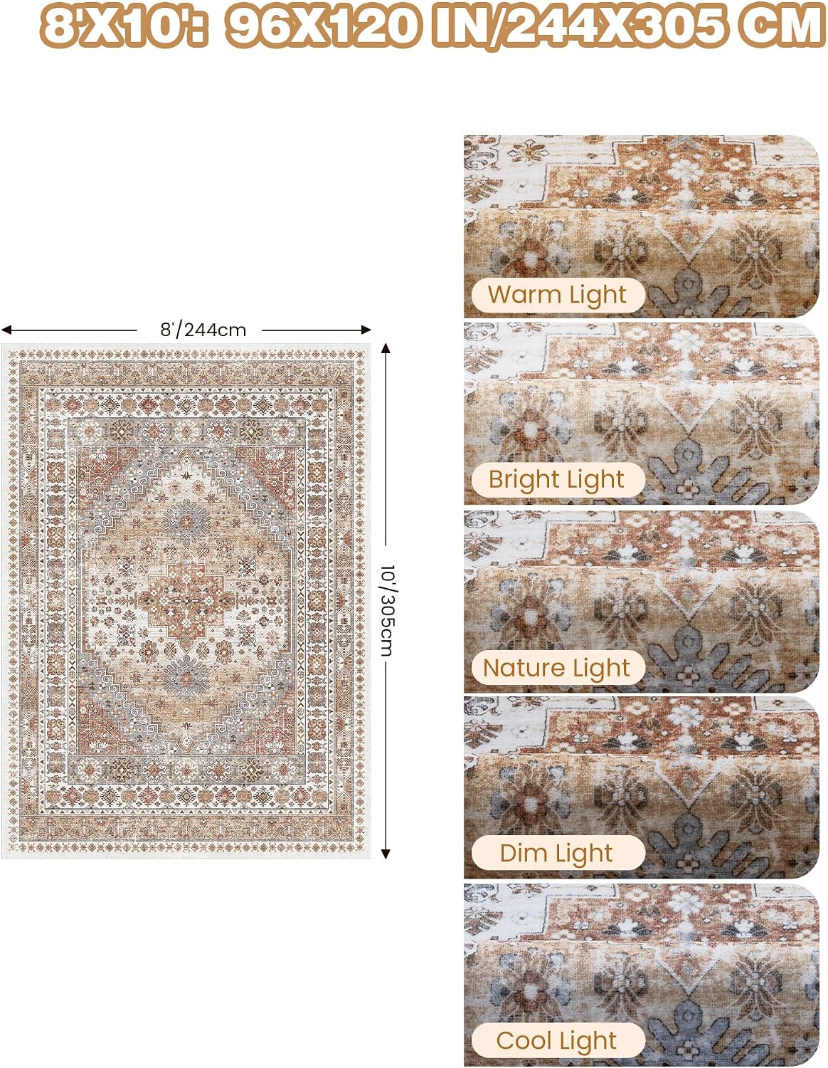 Washable Rugs 8x10 Area Rugs for Living Room, Orange - image 2