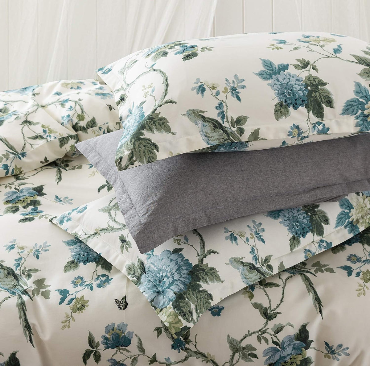 Exotic Modern Floral Print Bedding Birds Flowers Dusty Grey Design 100% Cotton Duvet Cover 3pc Set Hibiscus Blossom Branches in Muted Gray Blue (Super King, Egret White) - image 2