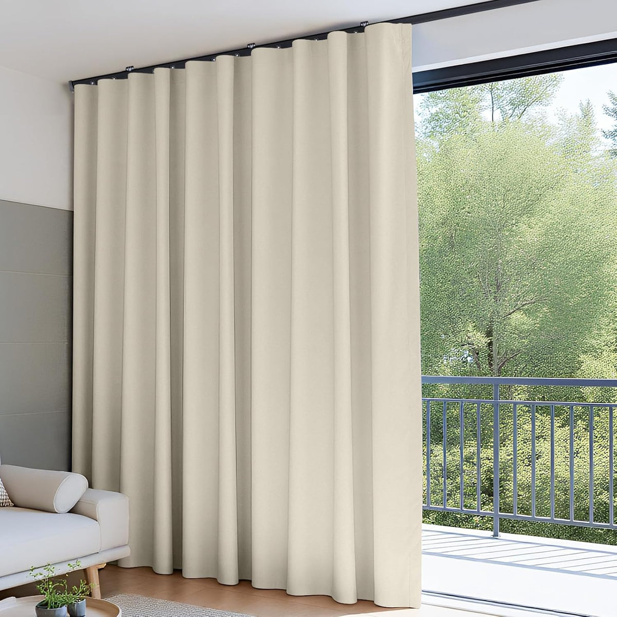 Room Divider Blackout Curtains & Ceiling Curtain Track Set Wall Mount Extra Wide Track Curtains Flexible Sliding Curtain Rod Room Separation Privacy（W 216 x H 96 in Beige Drape & Black Rail） - image 2