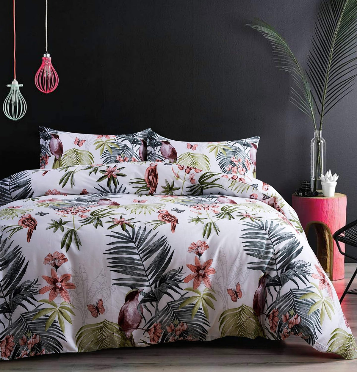 Exotic Modern Floral Print Bedding Birds Flowers Dusty Grey Design 100% Cotton Duvet Cover 3pc Set Hibiscus Blossom Branches in Muted Gray Blue (Super King, Egret White) - image 12