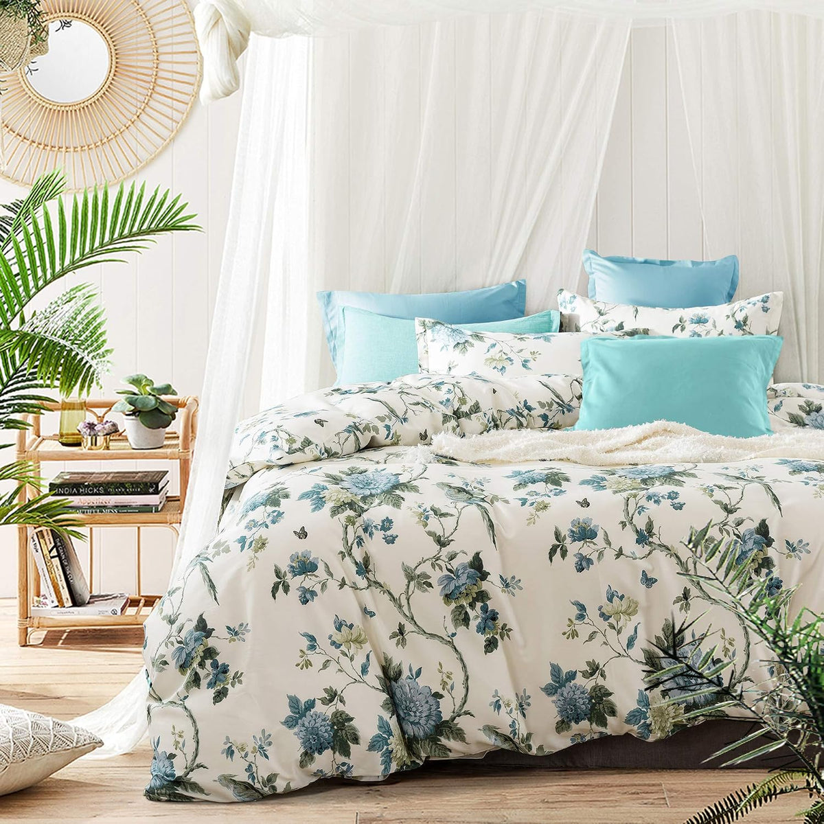 Exotic Modern Floral Print Bedding Birds Flowers Dusty Grey Design 100% Cotton Duvet Cover 3pc Set Hibiscus Blossom Branches in Muted Gray Blue (Super King, Egret White)