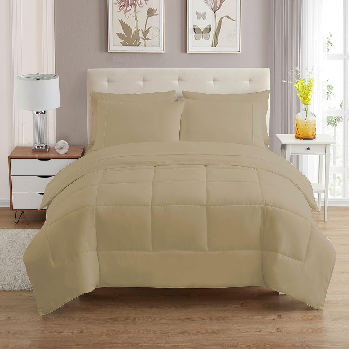 7 Piece Comforter Set Bag Solid Color All Season Soft Down Alternative Blanket & Luxurious Microfiber Bed Sheets, Taupe, King (Pack of 3) - image 2