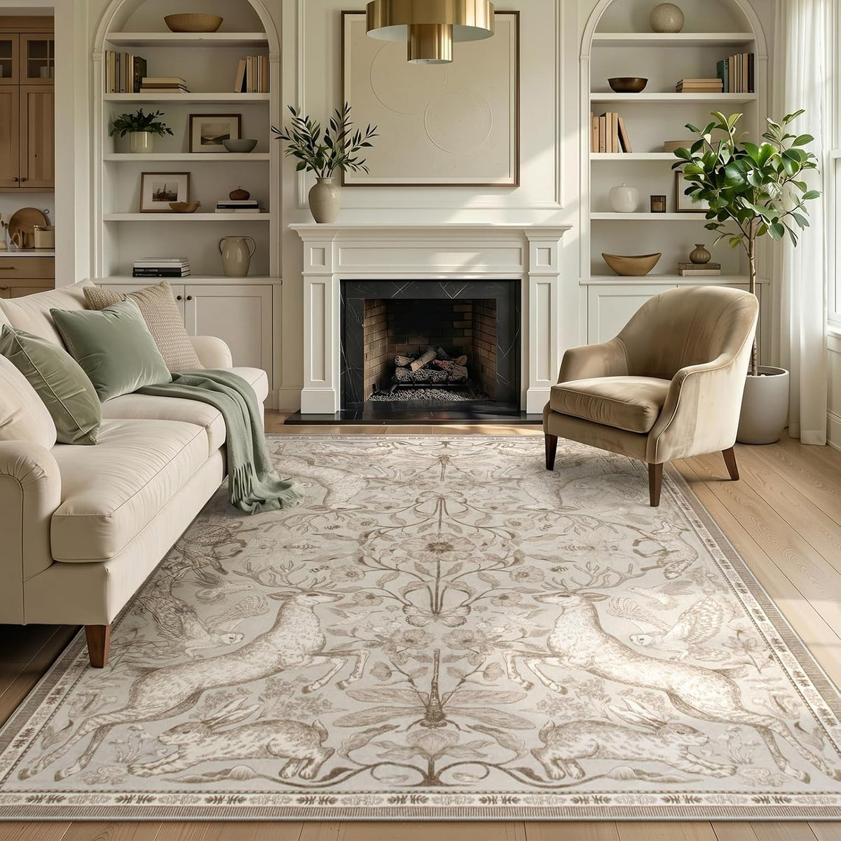 8x10 Washable Area Rug for Living Room, Woodland Deer Boho Animal Rug, Vintage Botanical Green Non-Slip Low Pile Large Carpet for Bedroom Dining Room Nursery Farmhouse Decor - image 9