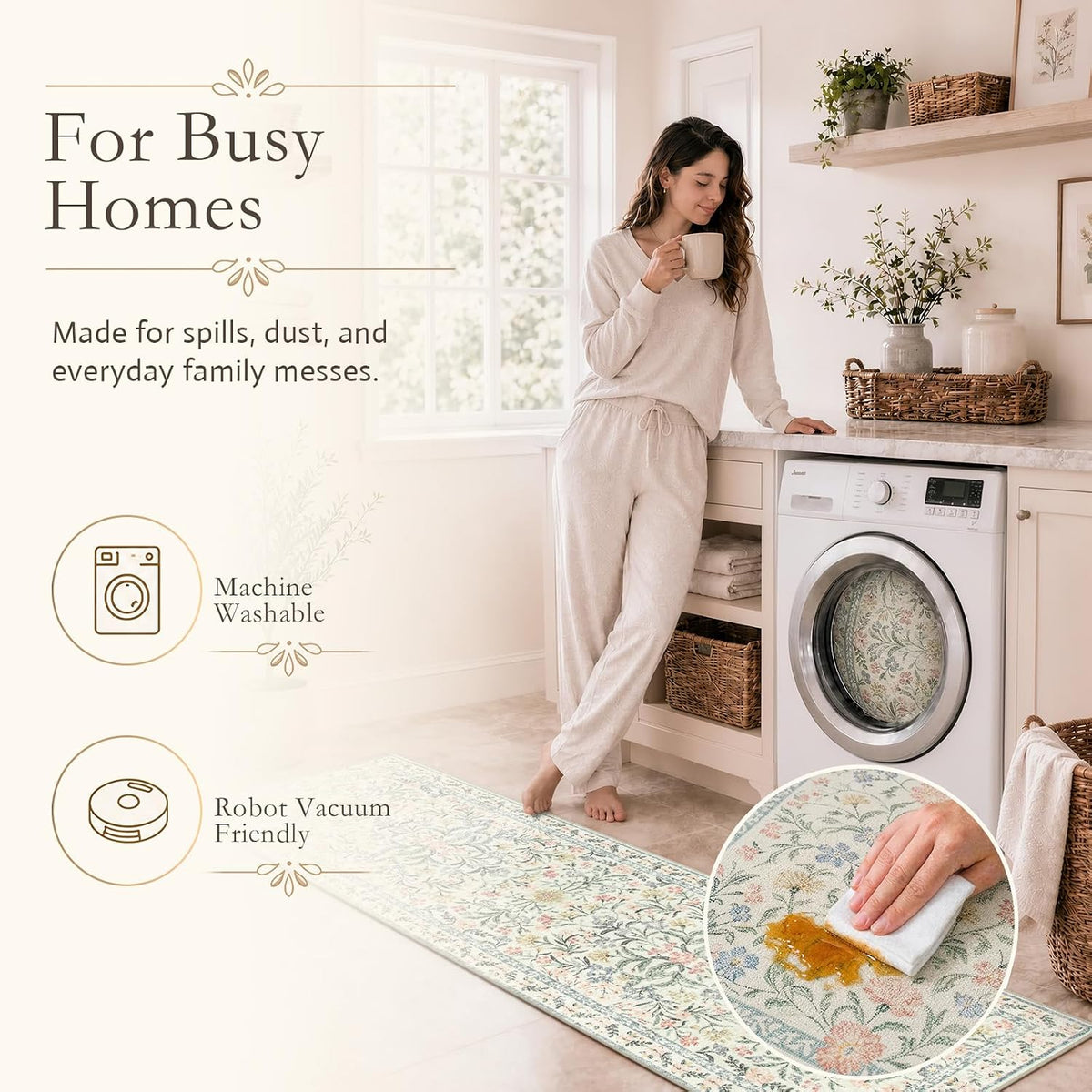 Boho Washable Rug 8x10, Large Area Rug for Living Room, Soft Floral Carpet for Bedroom Non Slip, 8 x 10 Indoor Beige Carpets for Nursery Dining Room Apartment Office Decor - image 4