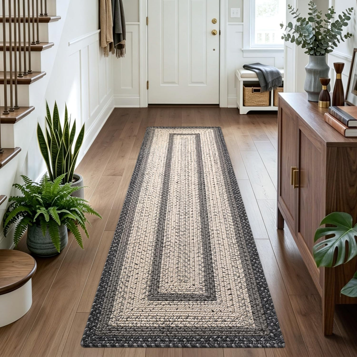 Hallway Runner Rug 3x10, Braided Farmhouse Rug Runners, Black/Ivory - image 2