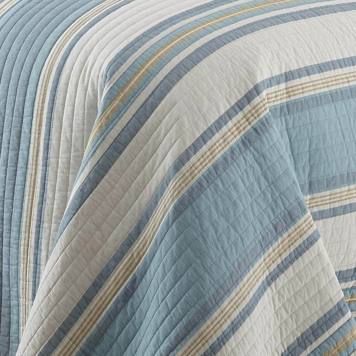 Blue Maui Quilt Set, King/Cal King Quilt + Two King Pillow Shams, Striped Coastal Design In Light Blue, Cream and Tan, Quilt Size (106 x 92), Pillow Sham Size (36 x 20), Reversible, Cotton - image 5