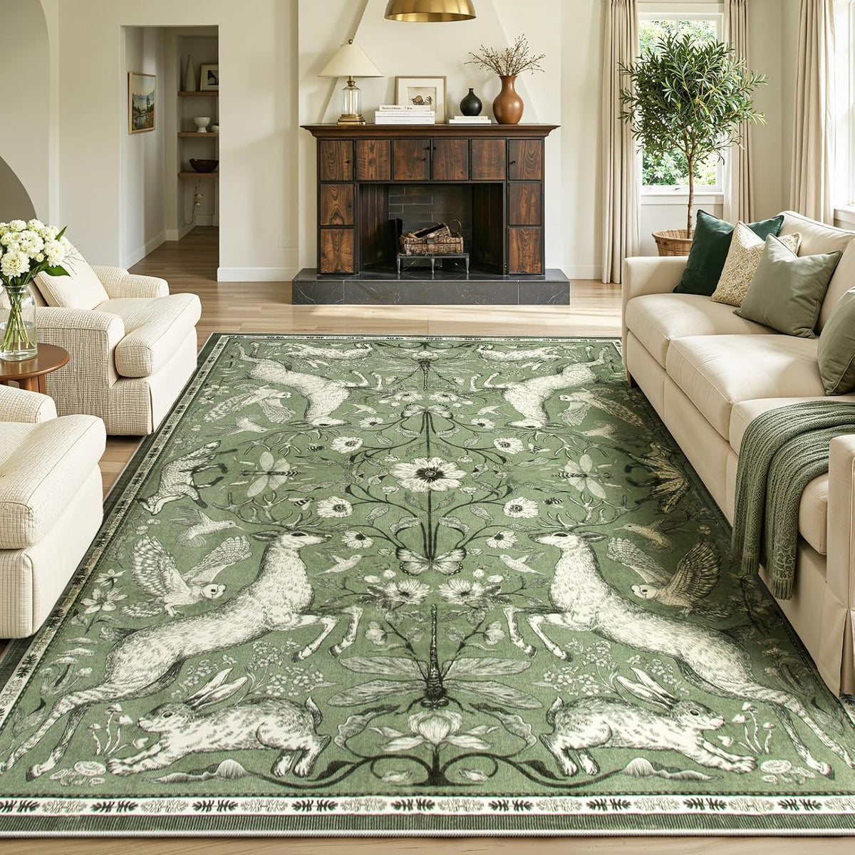 8x10 Washable Area Rug for Living Room, Woodland Deer Boho Animal Rug, Vintage Botanical Green Non-Slip Low Pile Large Carpet for Bedroom Dining Room Nursery Farmhouse Decor