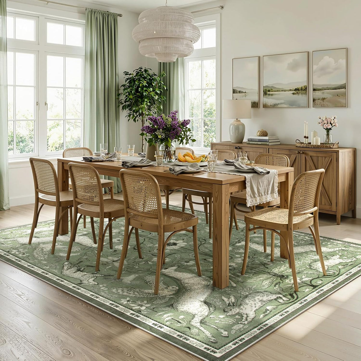 8x10 Washable Area Rug for Living Room, Woodland Deer Boho Animal Rug, Vintage Botanical Green Non-Slip Low Pile Large Carpet for Bedroom Dining Room Nursery Farmhouse Decor - image 2