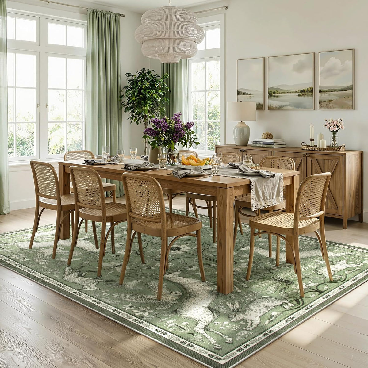8x10 Washable Area Rug for Living Room, Woodland Deer Boho Animal Rug, Vintage Botanical Green Non-Slip Low Pile Large Carpet for Bedroom Dining Room Nursery Farmhouse Decor - image 2