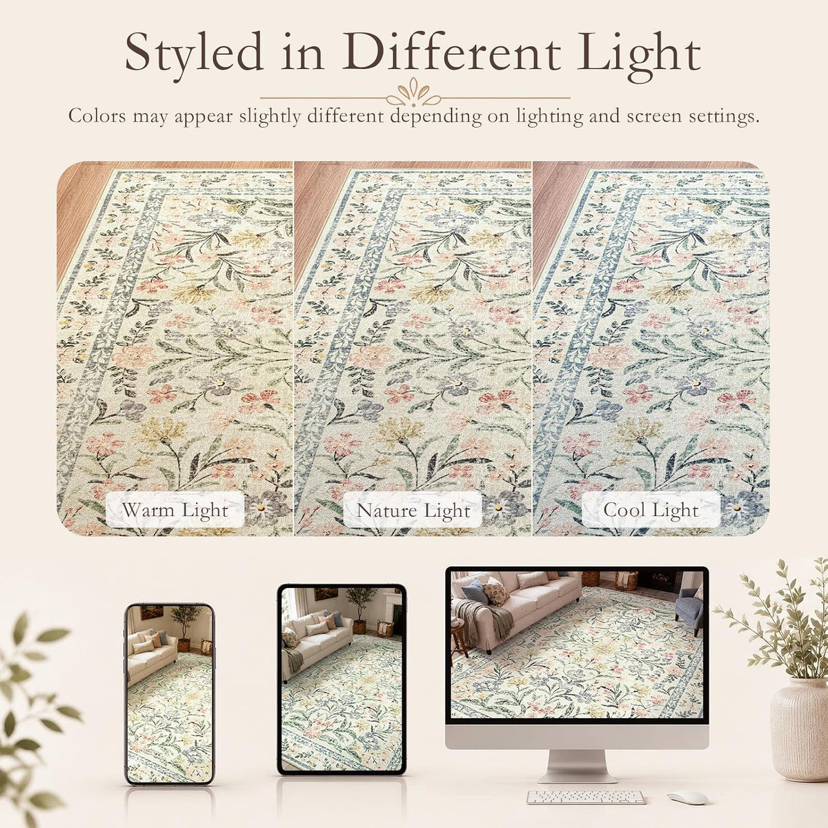 Boho Washable Rug 8x10, Large Area Rug for Living Room, Soft Floral Carpet for Bedroom Non Slip, 8 x 10 Indoor Beige Carpets for Nursery Dining Room Apartment Office Decor - image 9