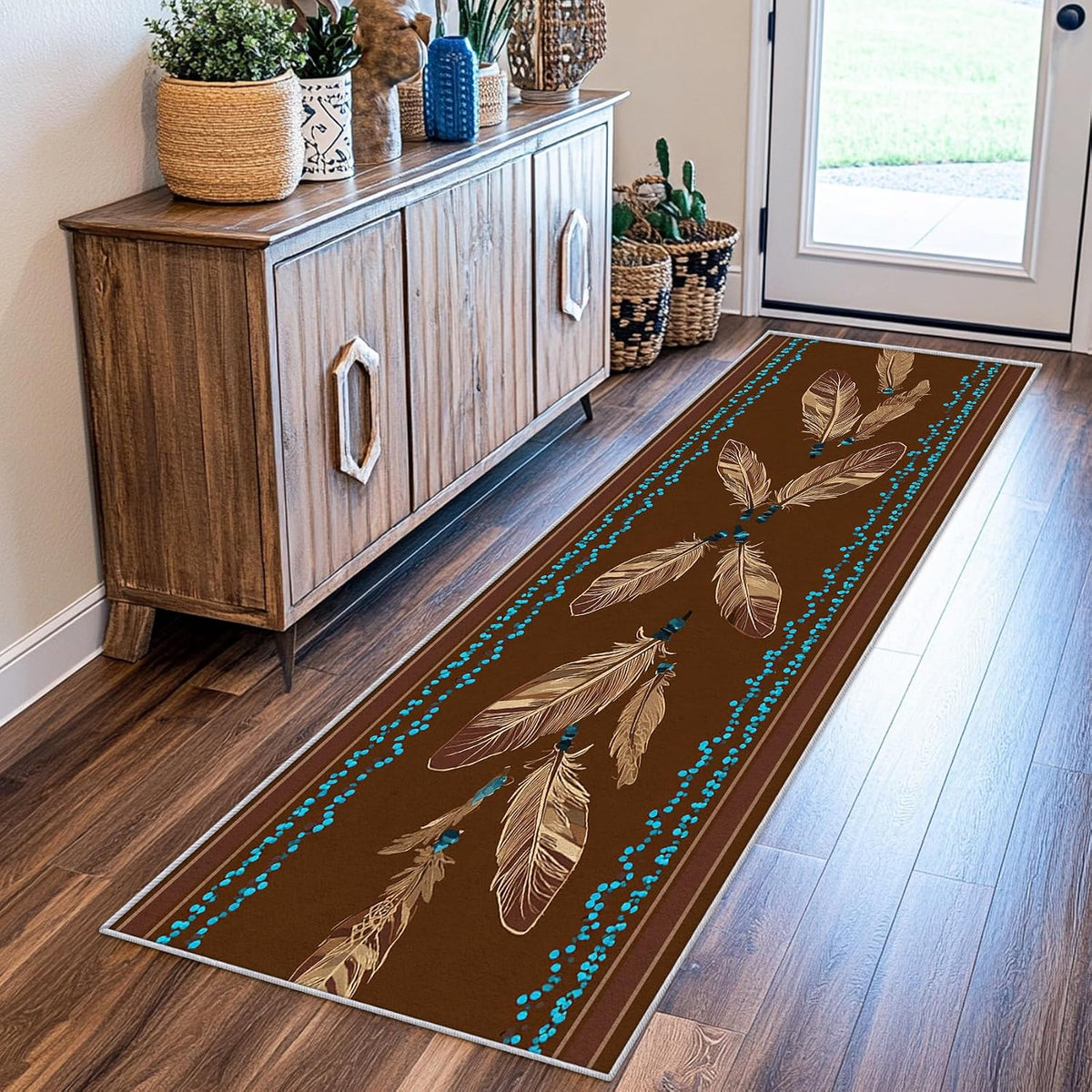 Tribal 3x10 Runner Rug, Feather Native American Brown Runners for Hallways, Kitchen, Bedroom, Entryway, Tribal Home Decor Floor Carpet, Non Slip Washable Low Pile, 3 x 10 ft