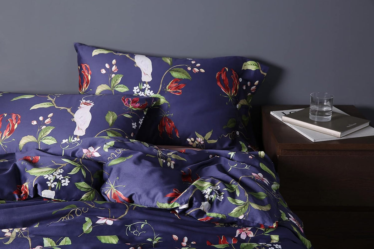 Exotic Modern Floral Print Bedding Birds Flowers Dusty Grey Design 100% Cotton Duvet Cover 3pc Set Hibiscus Blossom Branches in Muted Gray Blue (Super King, Egret White) - image 10