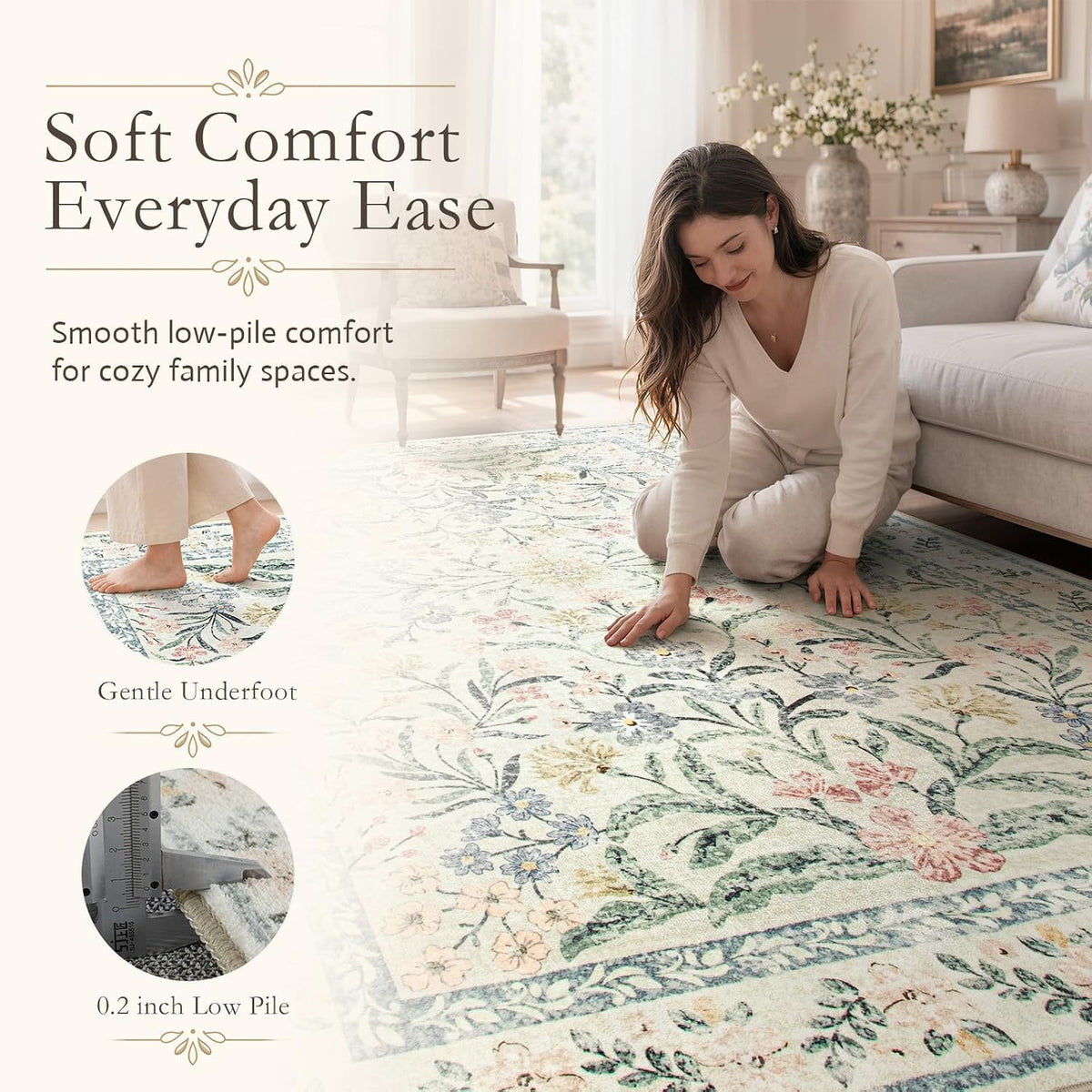 Boho Washable Rug 8x10, Large Area Rug for Living Room, Soft Floral Carpet for Bedroom Non Slip, 8 x 10 Indoor Beige Carpets for Nursery Dining Room Apartment Office Decor - image 5