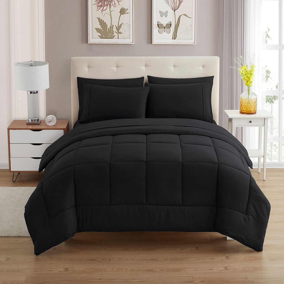 7 Piece Comforter Set Bag Solid Color All Season Soft Down Alternative Blanket & Luxurious Microfiber Bed Sheets, Black, King (Pack of 3) - image 2