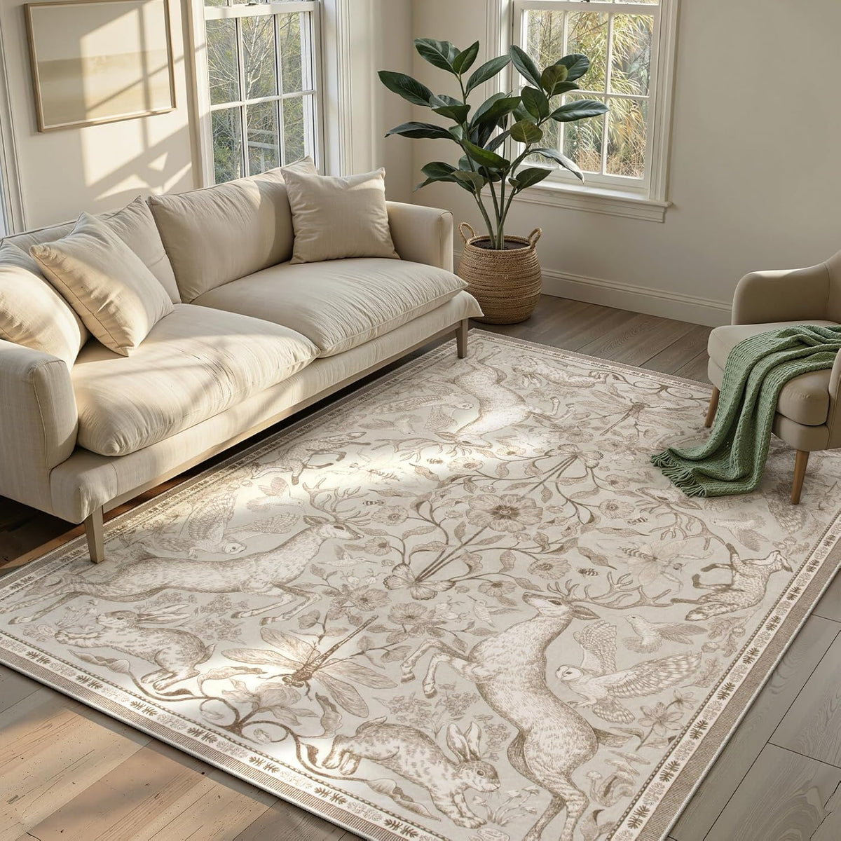 8x10 Washable Area Rug for Living Room, Woodland Deer Boho Animal Rug, Vintage Botanical Green Non-Slip Low Pile Large Carpet for Bedroom Dining Room Nursery Farmhouse Decor - image 11