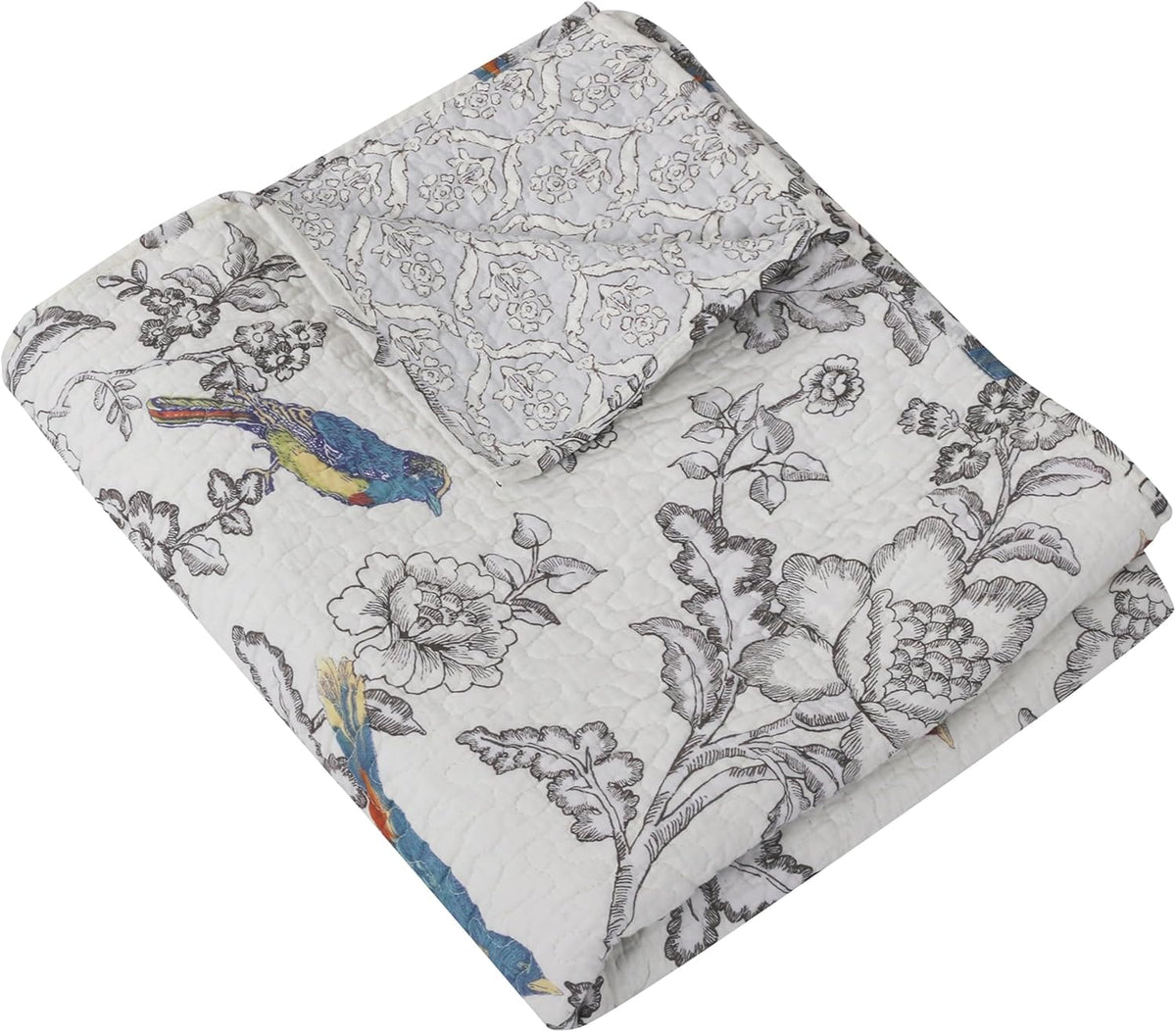 Mockingbird Quilt Set - King/Cal King Quilt 106x92in. + Two King Pillow Shams 36x20in. - Grey Toile with Birds and Butterflies - Reversible Pattern - Cotton - image 7