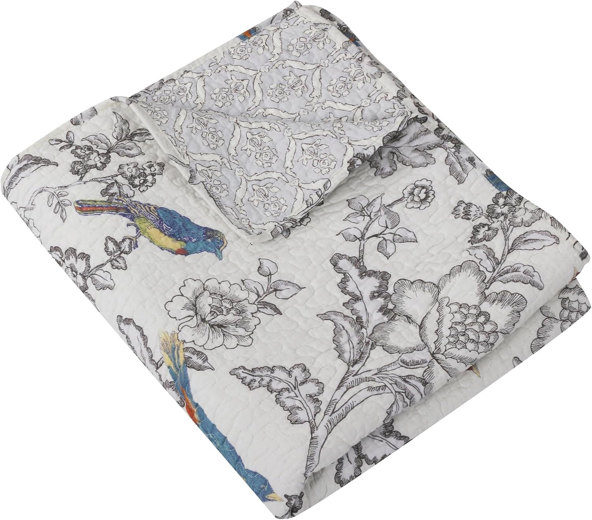 Mockingbird Quilt Set - King/Cal King Quilt 106x92in. + Two King Pillow Shams 36x20in. - Grey Toile with Birds and Butterflies - Reversible Pattern - Cotton - image 7