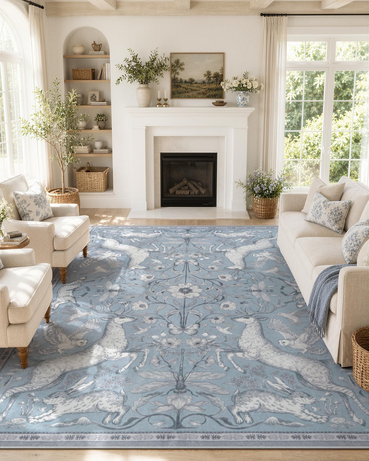 8x10 Washable Area Rug for Living Room, Woodland Deer Boho Animal Rug, Vintage Botanical Green Non-Slip Low Pile Large Carpet for Bedroom Dining Room Nursery Farmhouse Decor - image 10