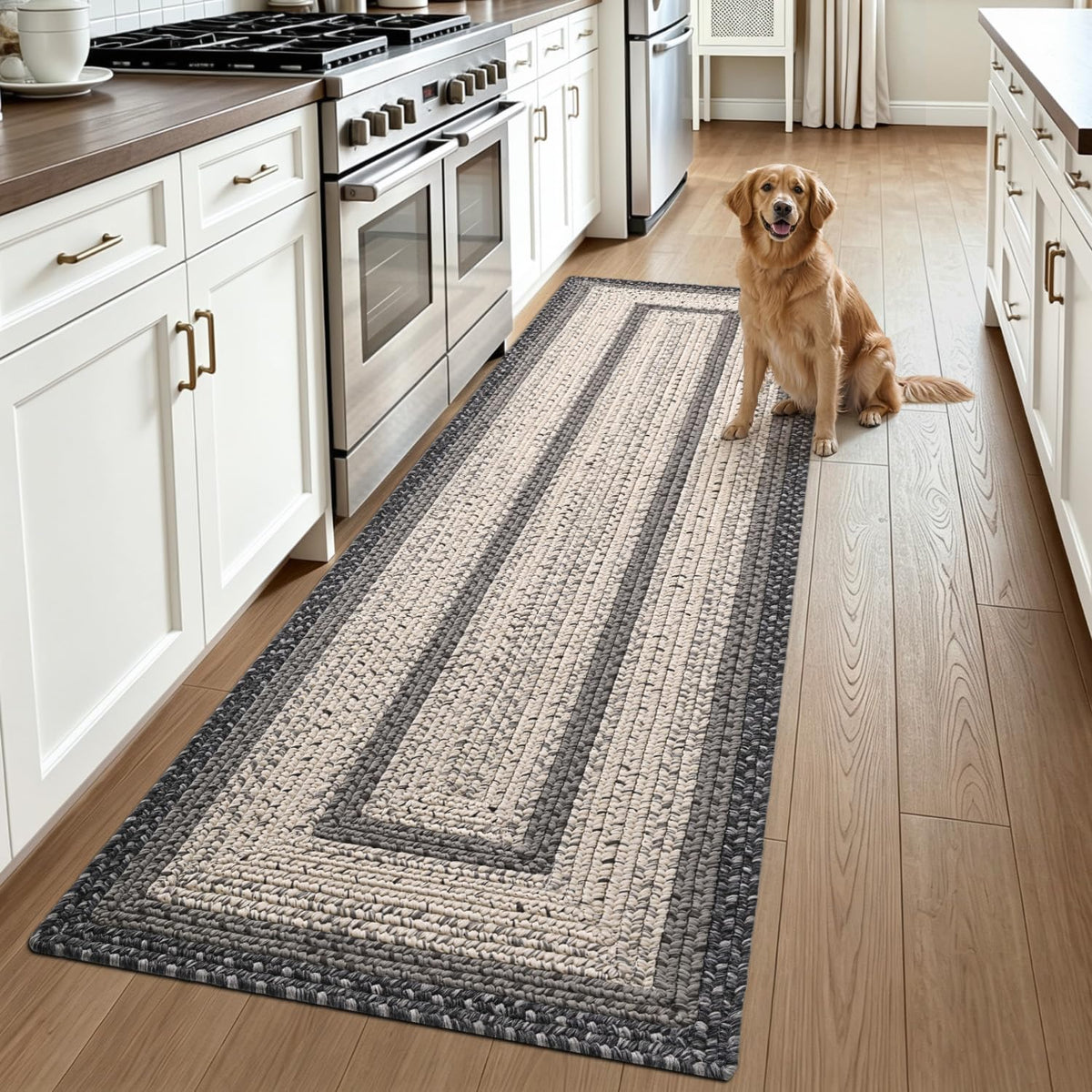 Hallway Runner Rug 3x10, Braided Farmhouse Rug Runners, Black/Ivory - image 5