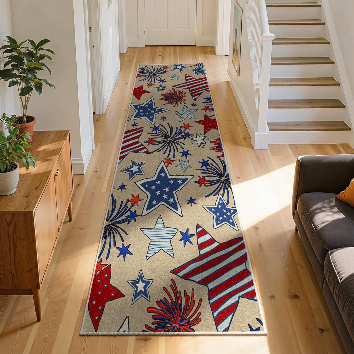 4th of July Patriotic Stars Kitchen Runner Rugs, 3x10ft, Independence America Stars Memorial Day Front Door Mat, Non Slip Rubber Backing Machine Washable Entryway Hallway Floor Decor Carpet