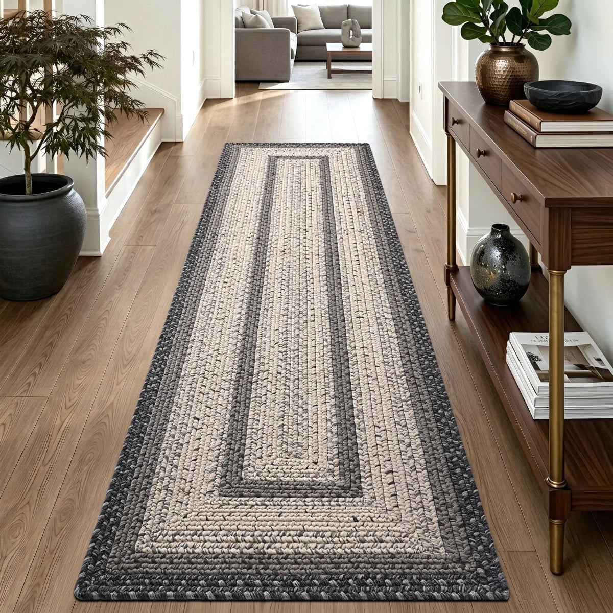 Hallway Runner Rug 3x10, Braided Farmhouse Rug Runners, Black/Ivory