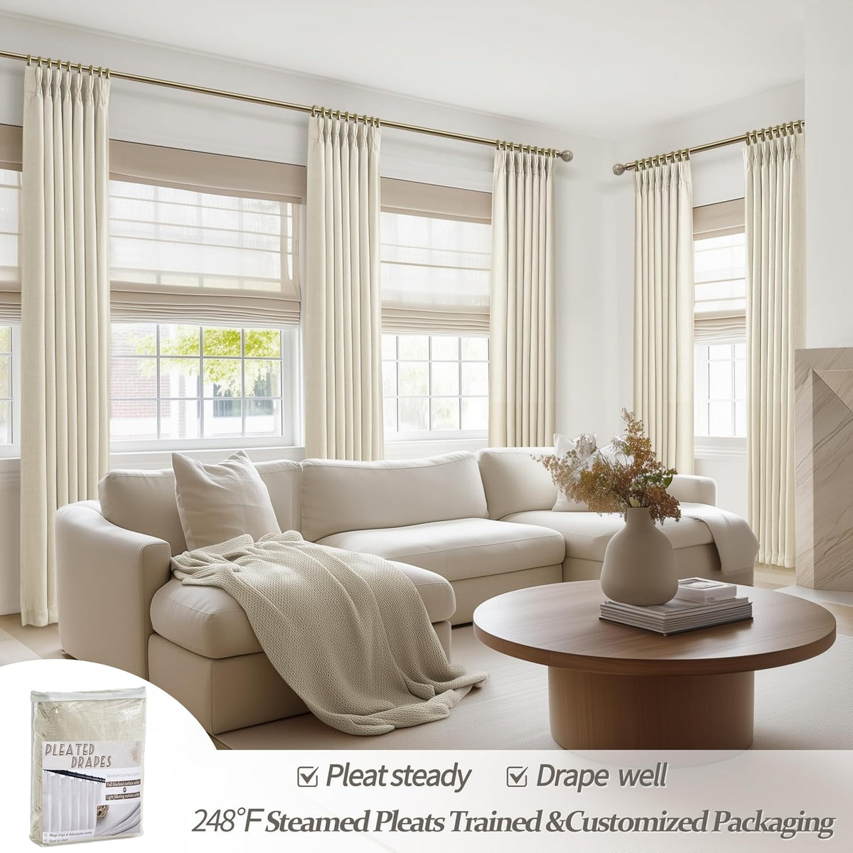 Extra Wide 70 Inch Blackout Curtains 90 Inches Long for Dining Room 2 Panels Set, Memory Trained Pinch Pleated Thermal Sound Dampening Double Layer Linen Blend Ivory Windows Drapes 70x90 Length - image 6