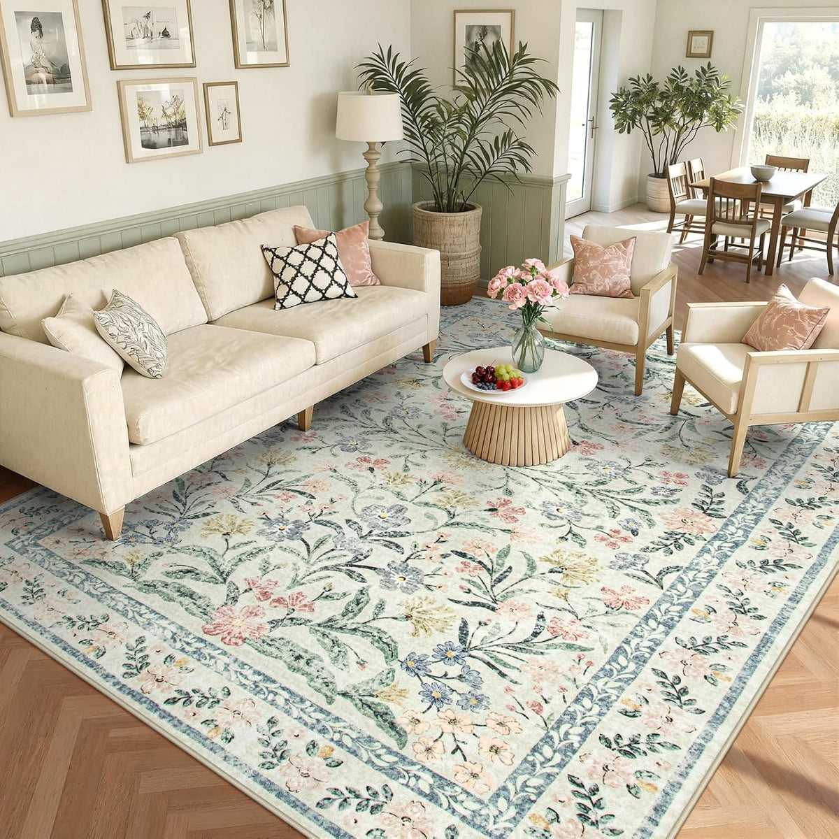 Boho Washable Rug 8x10, Large Area Rug for Living Room, Soft Floral Carpet for Bedroom Non Slip, 8 x 10 Indoor Beige Carpets for Nursery Dining Room Apartment Office Decor