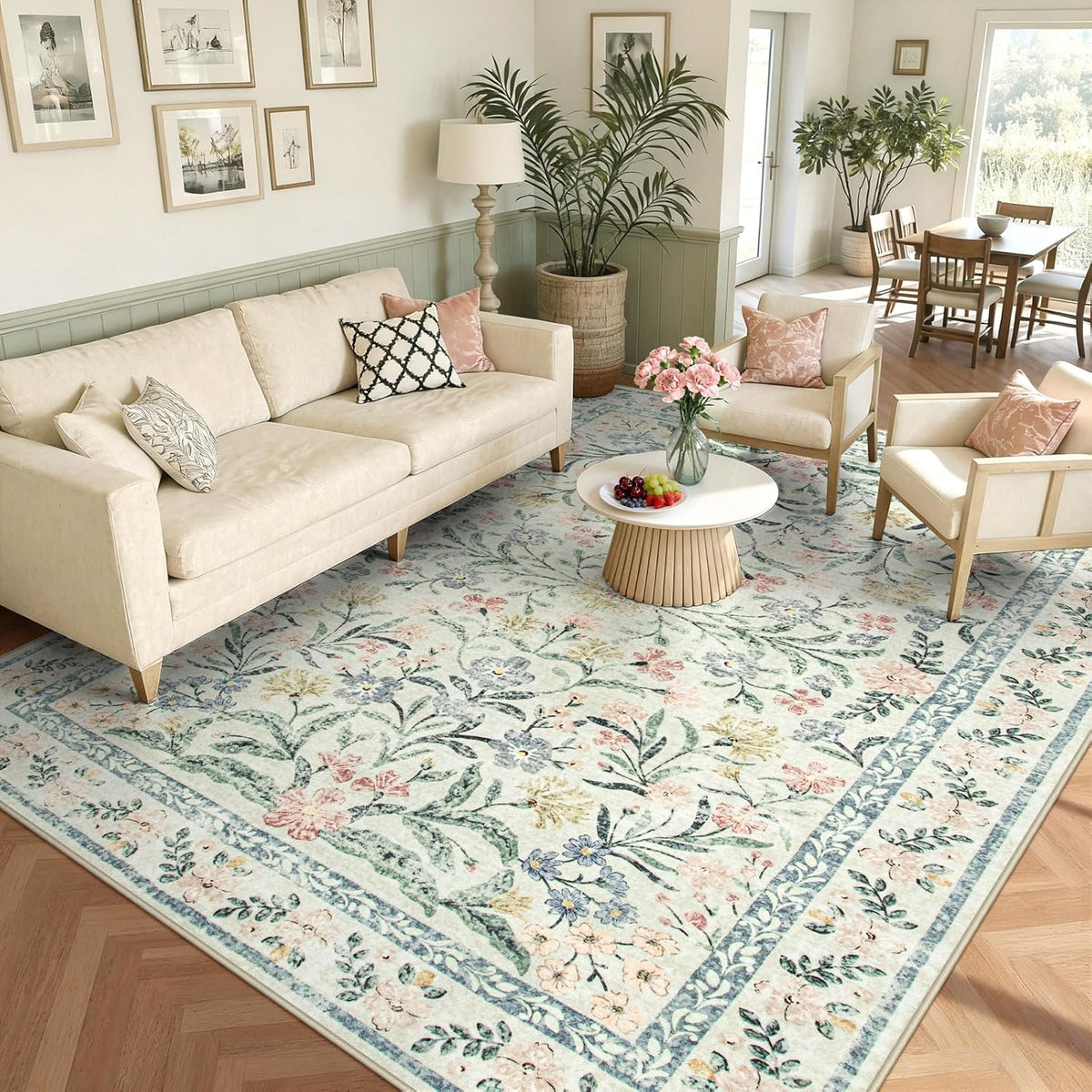 Boho Washable Rug 8x10, Large Area Rug for Living Room, Soft Floral Carpet for Bedroom Non Slip, 8 x 10 Indoor Beige Carpets for Nursery Dining Room Apartment Office Decor