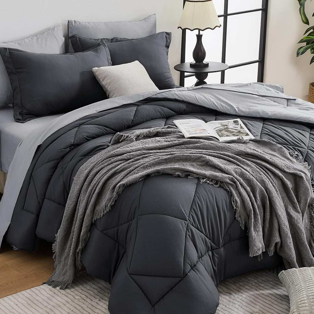7-Piece California King Comforter Set, Dark & Light Grey Bed in a Bag