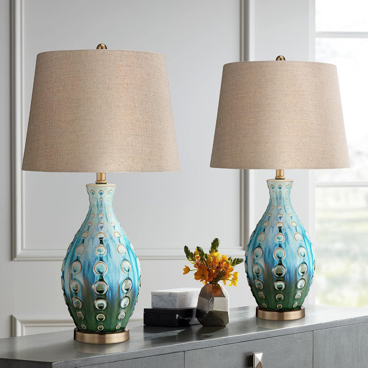 26 1/2" Tall Table Lamps Set of 2 Modern Ceramic Teal Mid Century - image 2